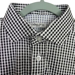 Collars & Co Polo Shirt Mens Medium Black White Gingham Dress Collar Golf NEW